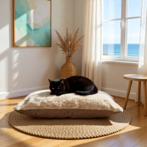 Kitty Bed - Beige Apricot Faux Rabbit Fur & Canvas - Cover + Foam-Crumb Insert (Bundle & Save)